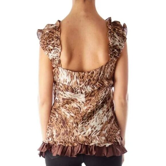 Bryan Bradley Silk Brown Animal Print Ruffle Ruched Ruffle Top Womens Small - Picture 2 of 9